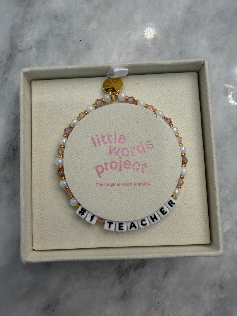 NWT Little Words Project "#1 Teacher" Beaded Bracelet in White and Rose Gold